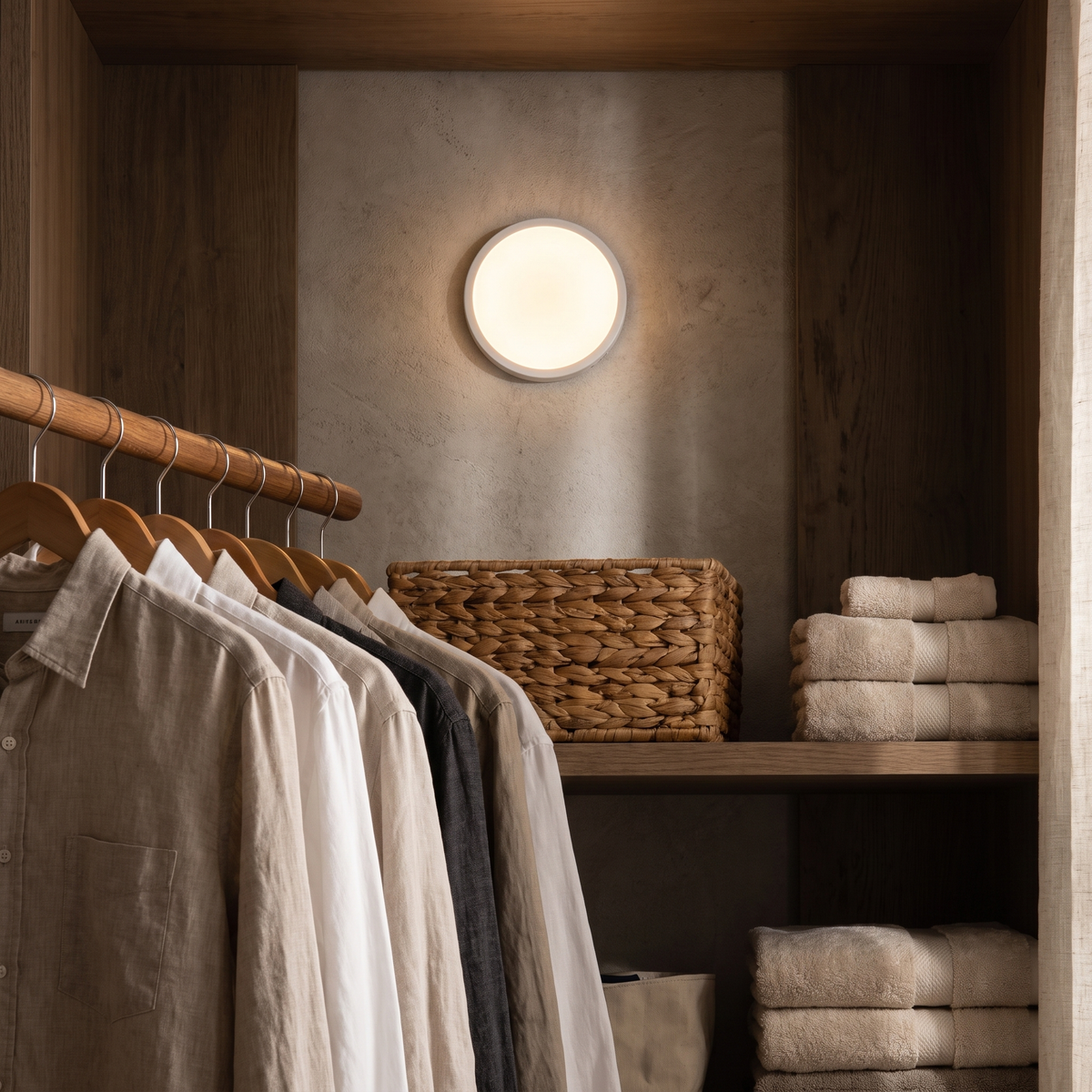 Motion sensor light mounted inside a wardrobe above hanging shirts