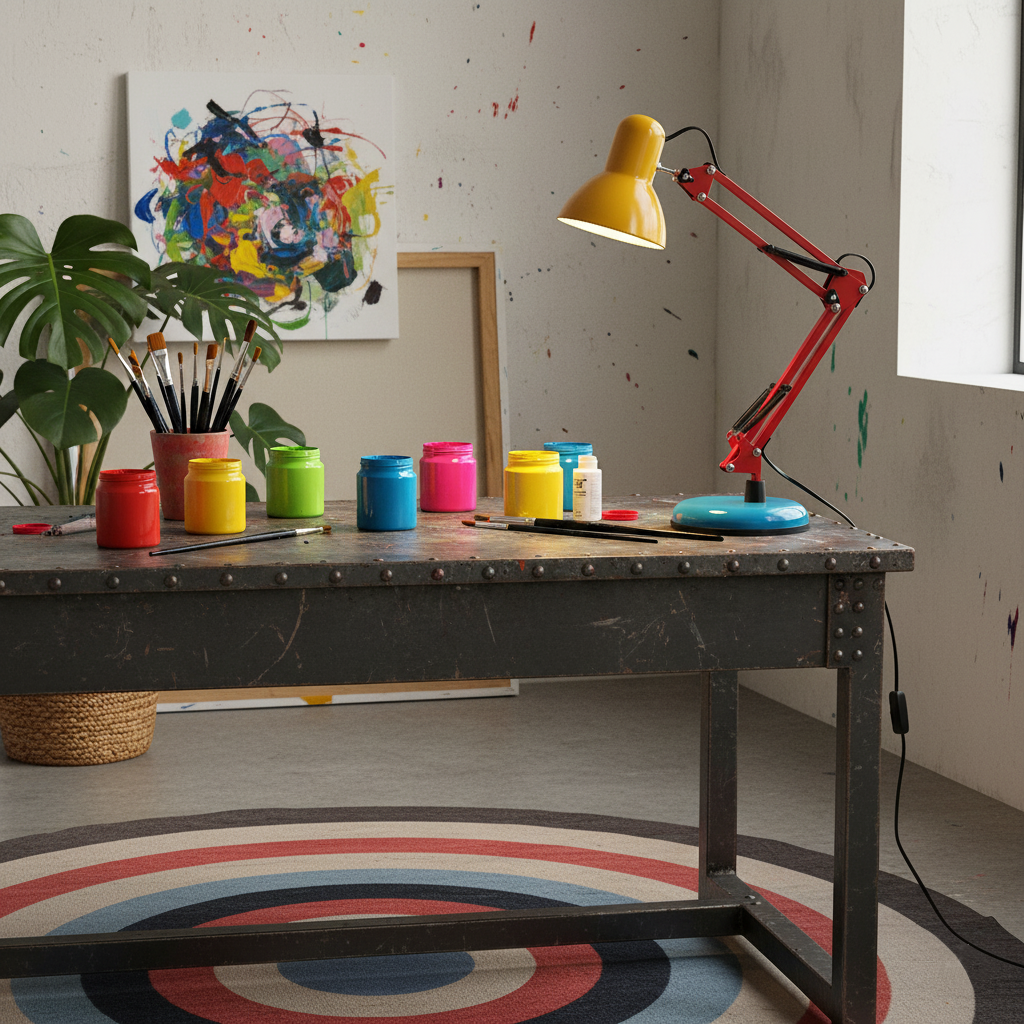 Memphis Style Table Lamp, Primary Colors, Adjustable Arm
