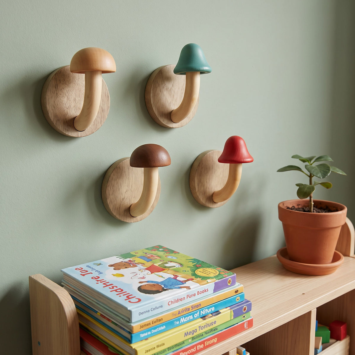 Mushroom wall hooks on a sage playroom wall above a shelf of picture books