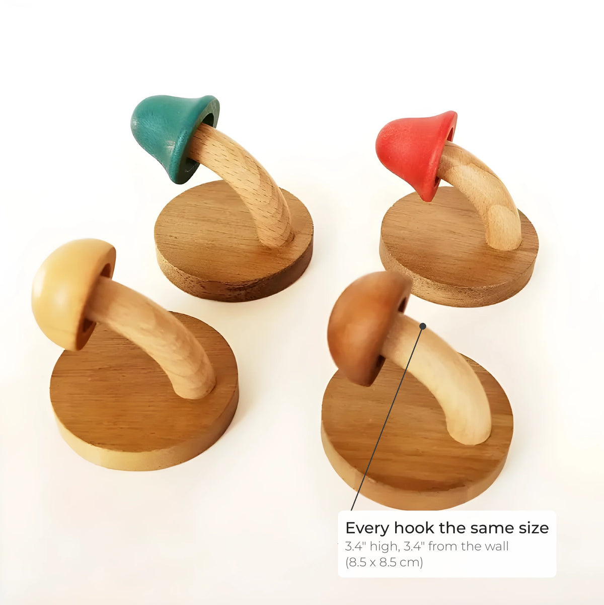 Mushroom wall hook size: every hook 3.4 in high and 3.4 in from the wall