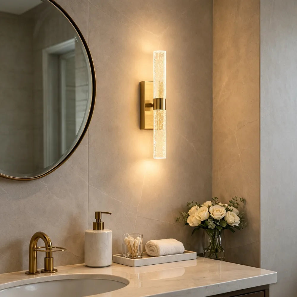 Namsos wall light beside a bathroom mirror