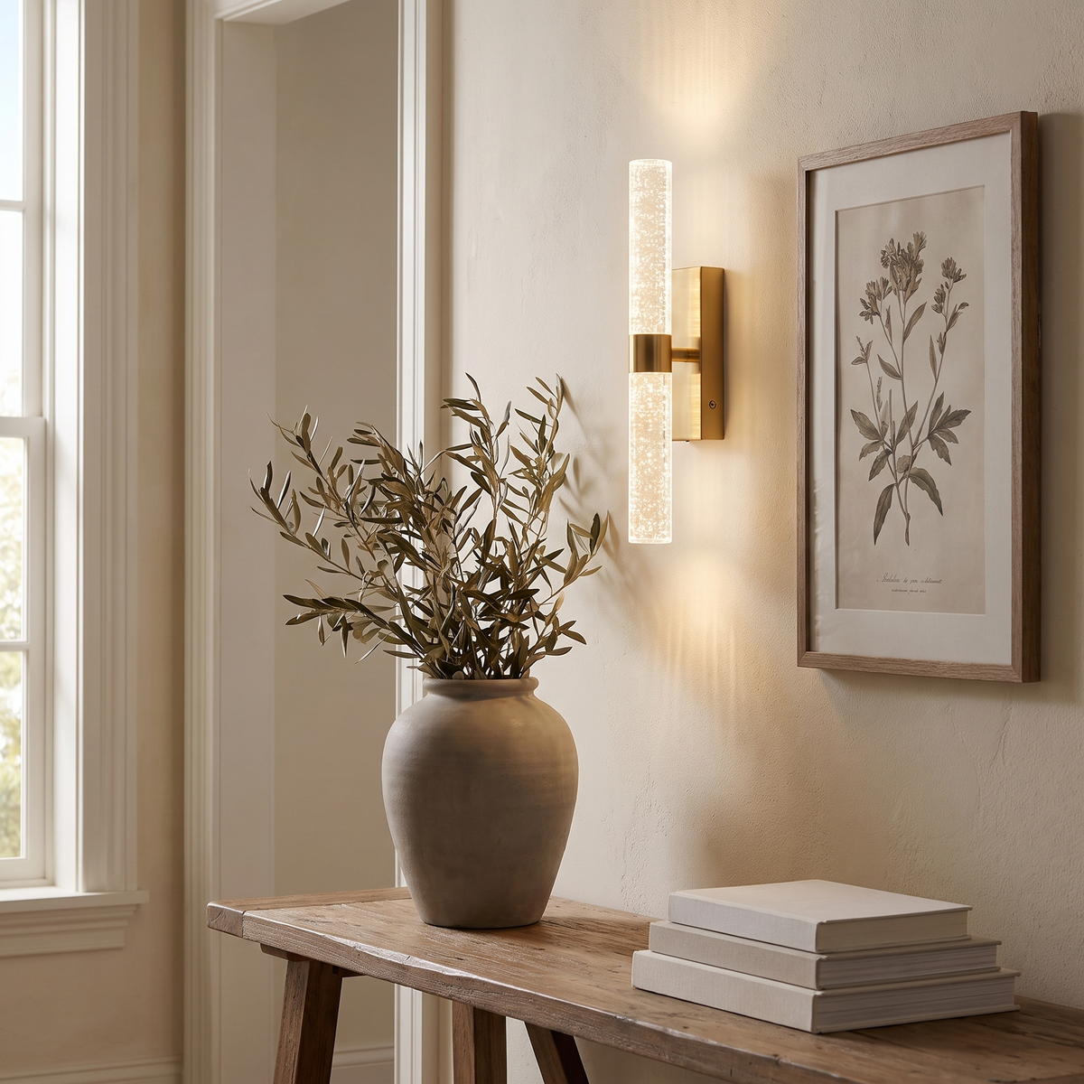Namsos wall light above a hallway console beside a framed print