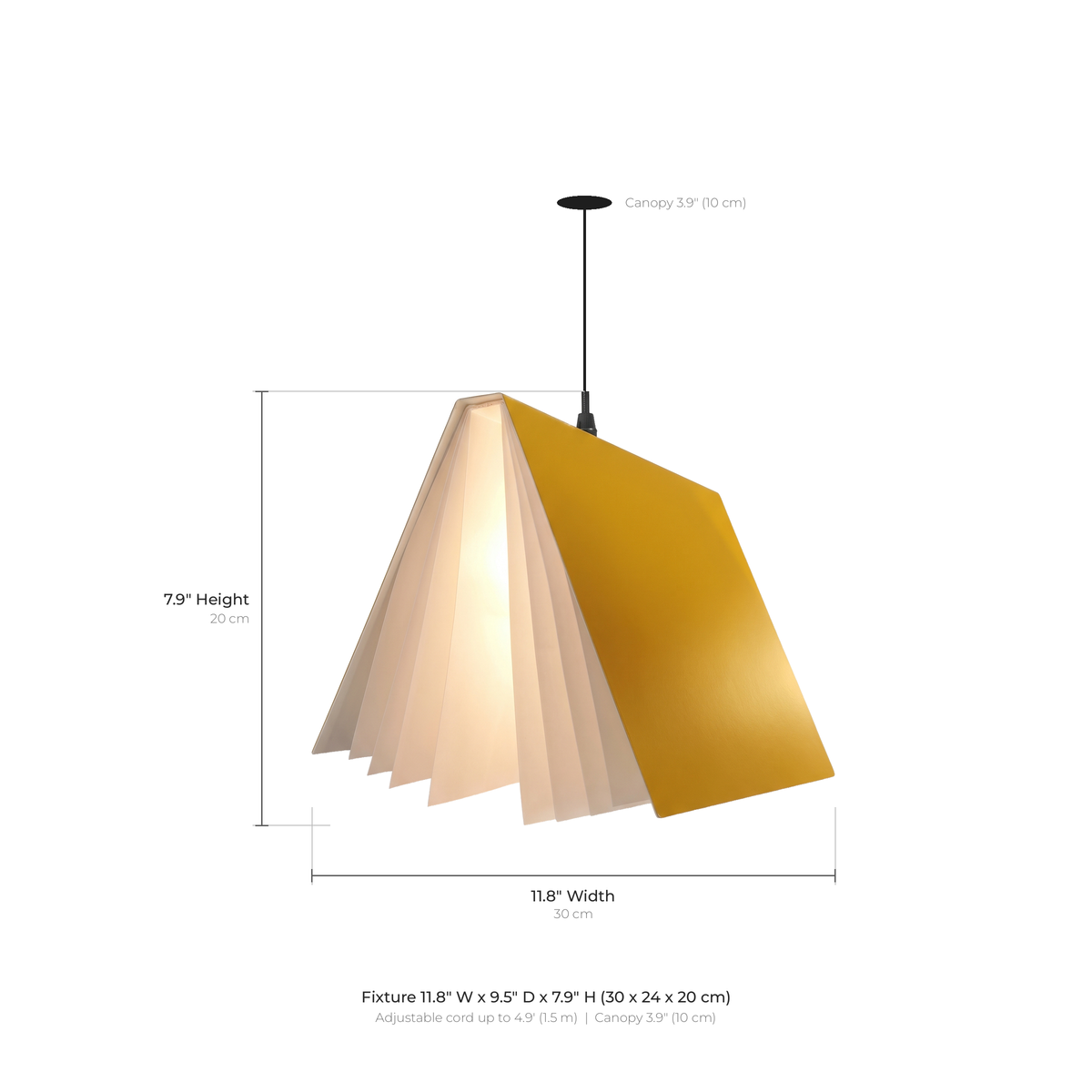 Nesna book pendant light dimensions: 11.8 inches wide, 9.5 inches deep, 7.9 inches high