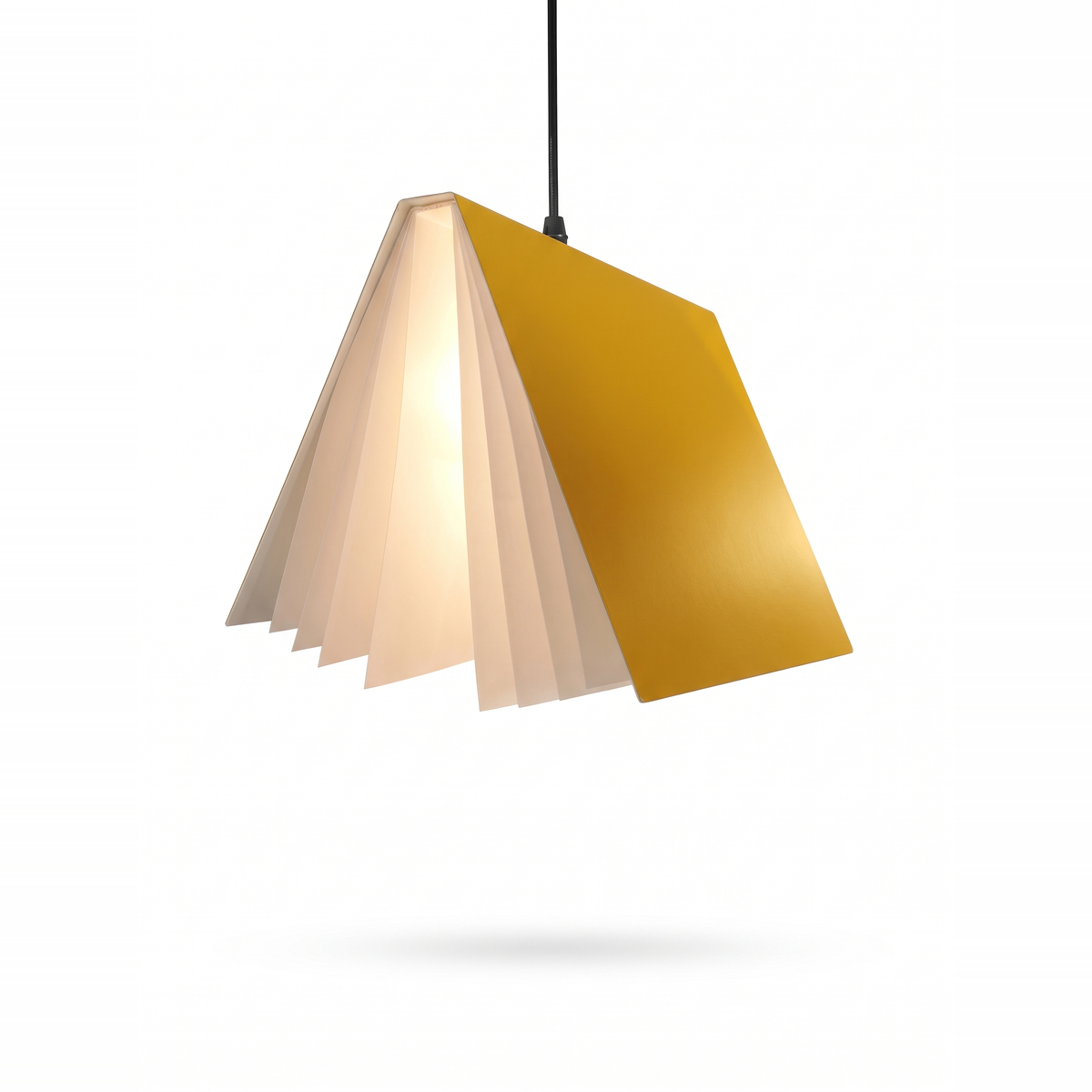 Yellow book pendant light lit on a white background