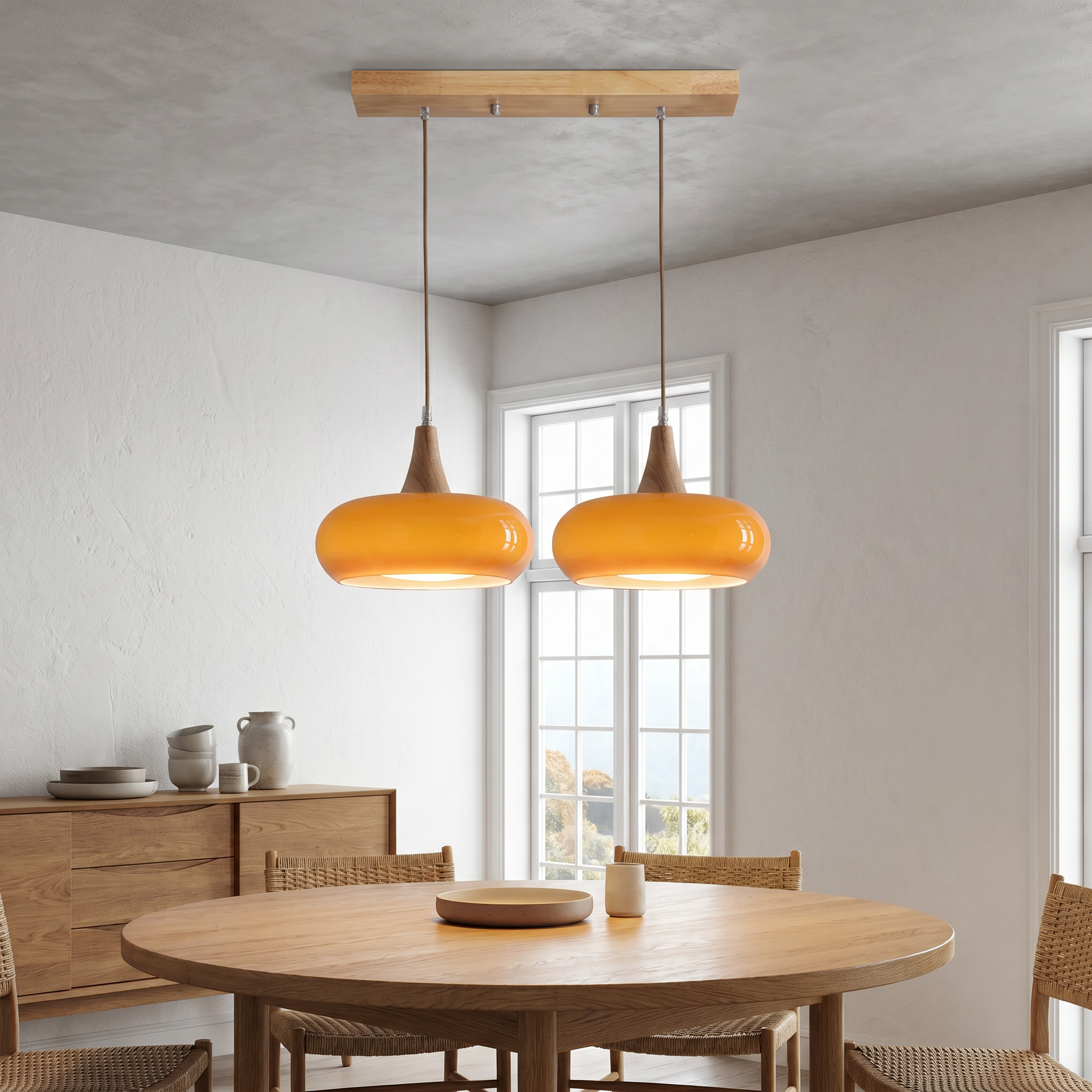 Nordic Glass and Wood Pendant Light, E27, 1-3 Heads, White or Orange