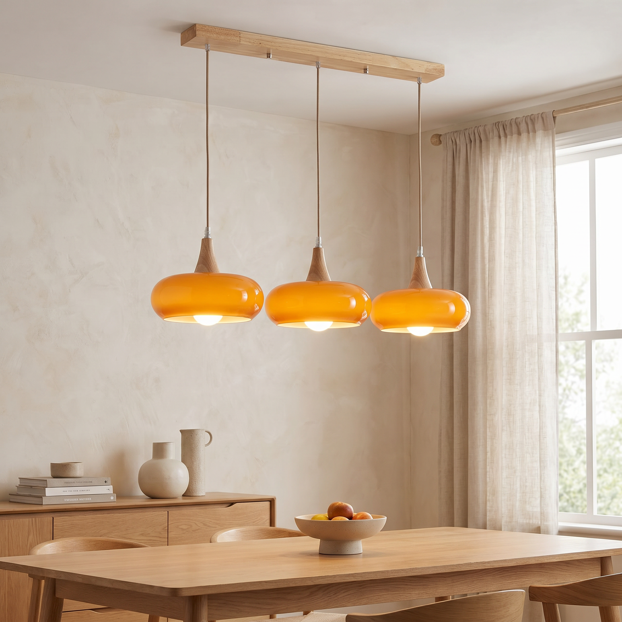 Nordic Glass and Wood Pendant Light, E27, 1-3 Heads, White or Orange