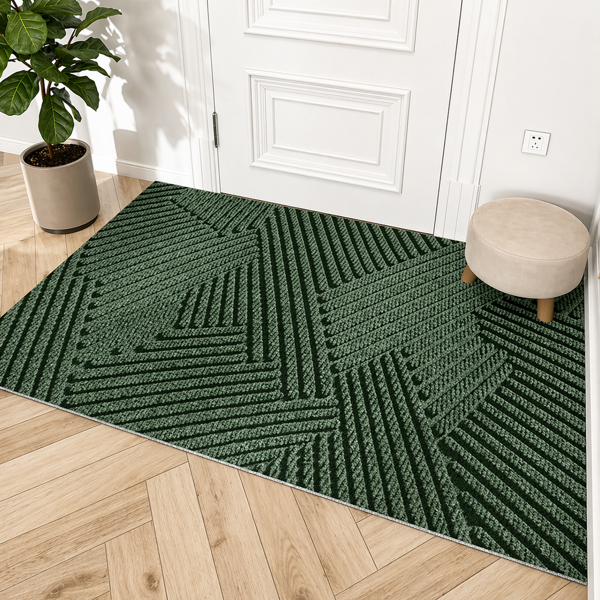 Green door mat inside a white front door with a stool