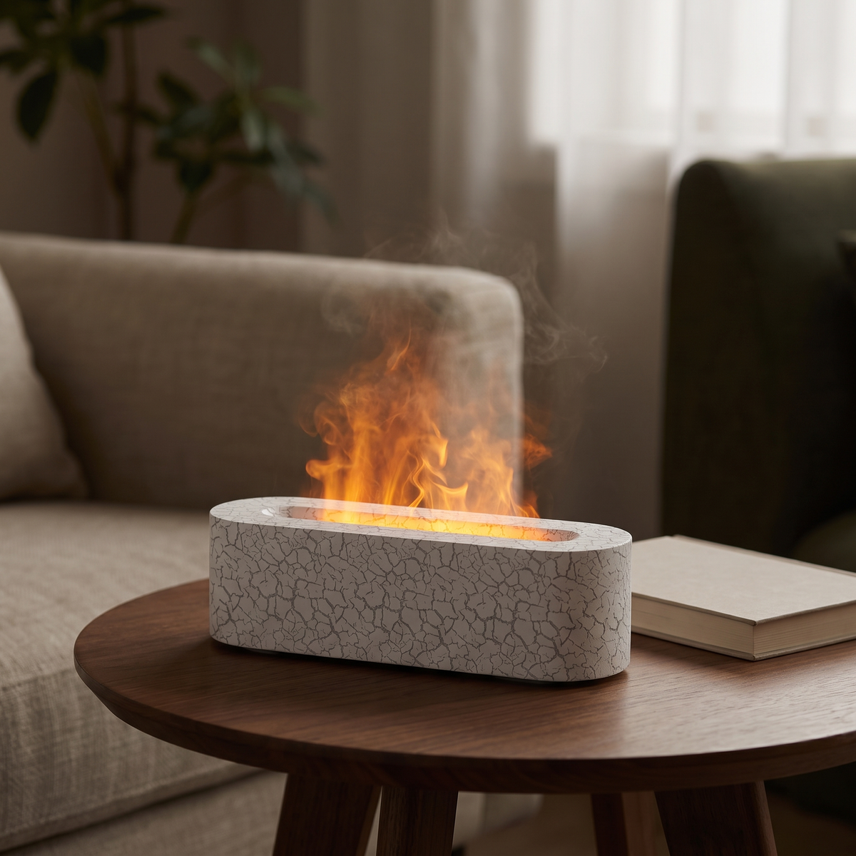 Nybro humidifier in molten white with flame lit mist on a round side table