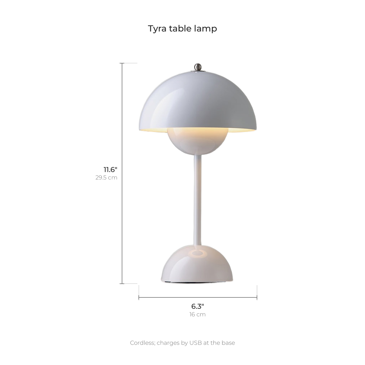 Oona table lamp dimensions drawn with inches and centimeters