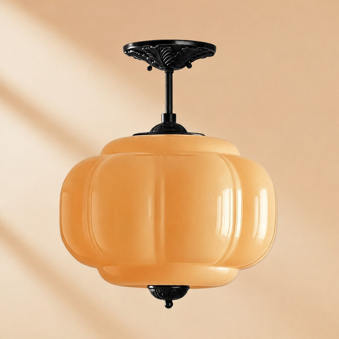 Scallop Milk Glass Pumpkin Pendant, Semi-Flush