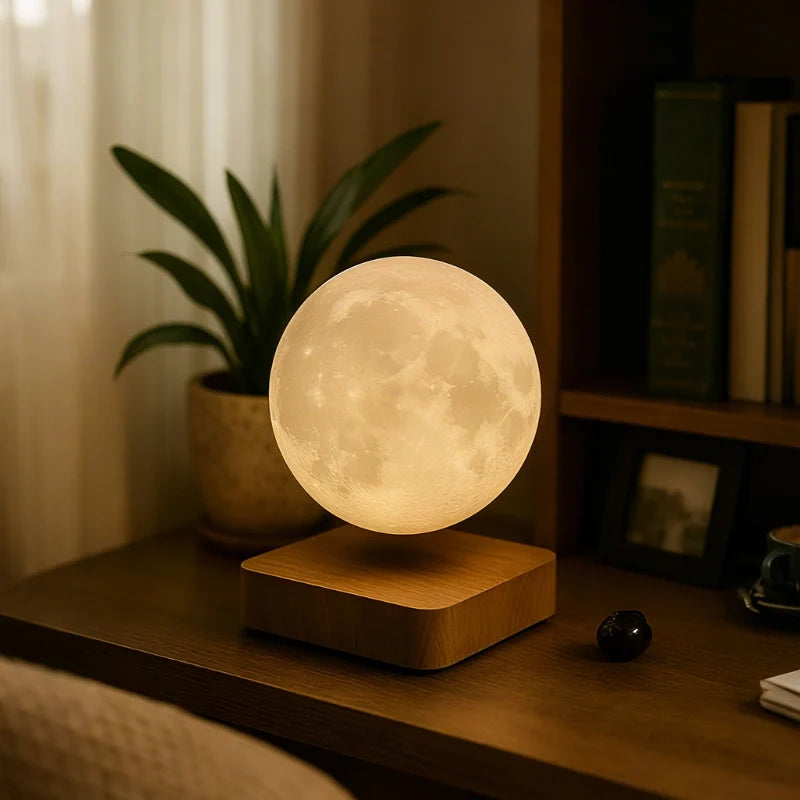 Orsa moon lamp floating above an oak base on a desk