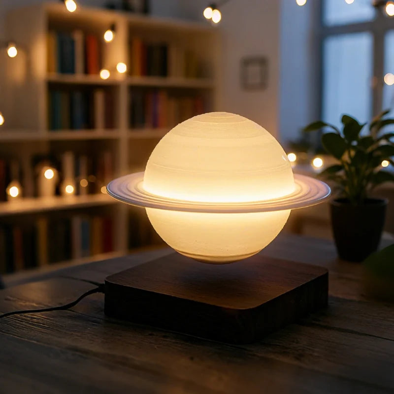 Orsa Saturn lamp floating above a walnut base by a bookshelf