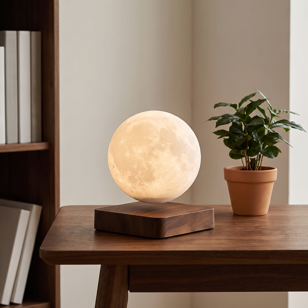 Orsa levitating moon lamp floating above a walnut base on a desk