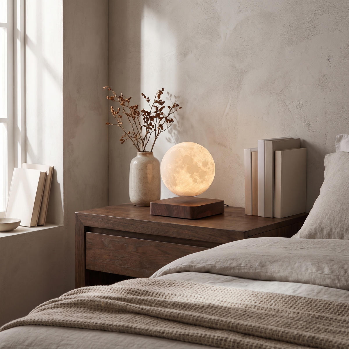 Orsa moon lamp floating above its base on a bedroom nightstand