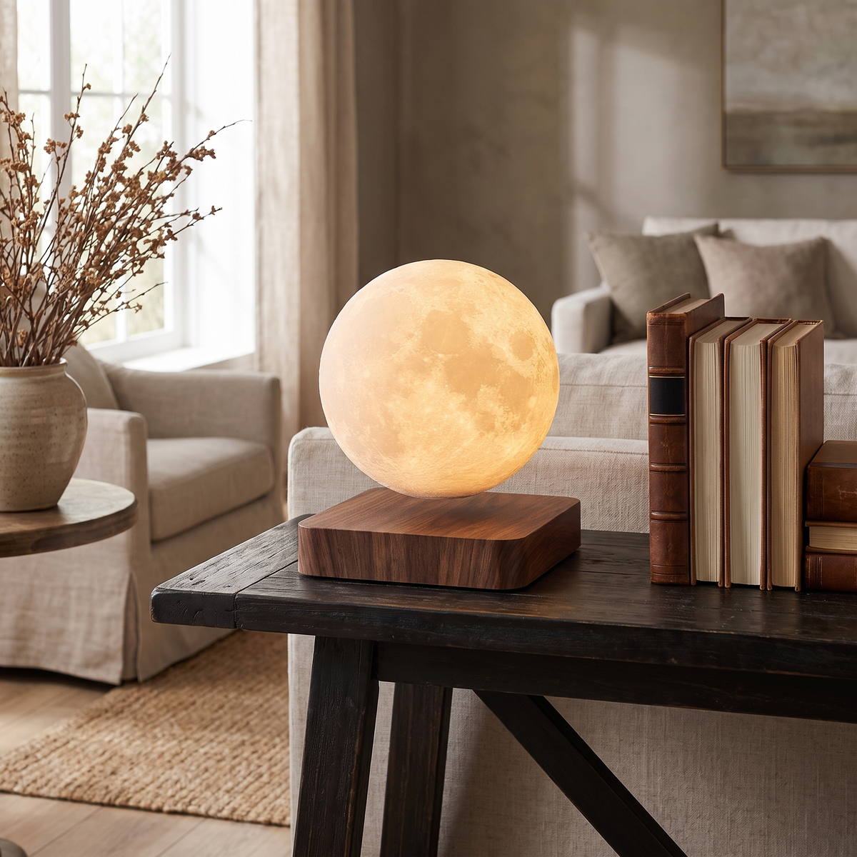 Orsa moon lamp glowing on a dark wood side table