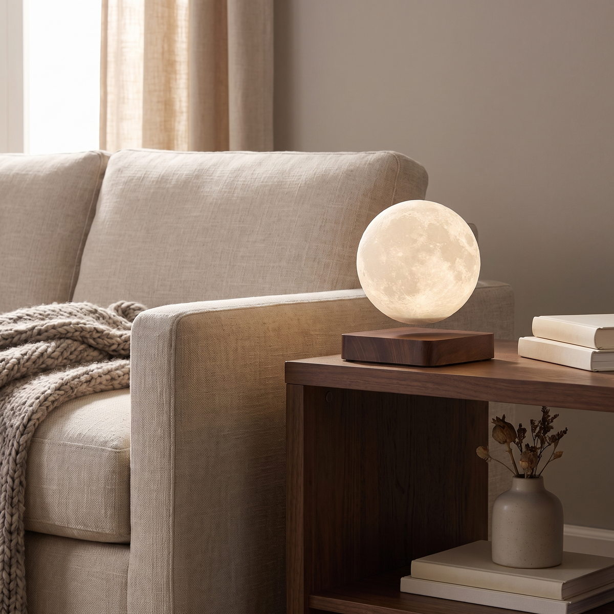 Orsa moon lamp glowing on a side table beside a sofa