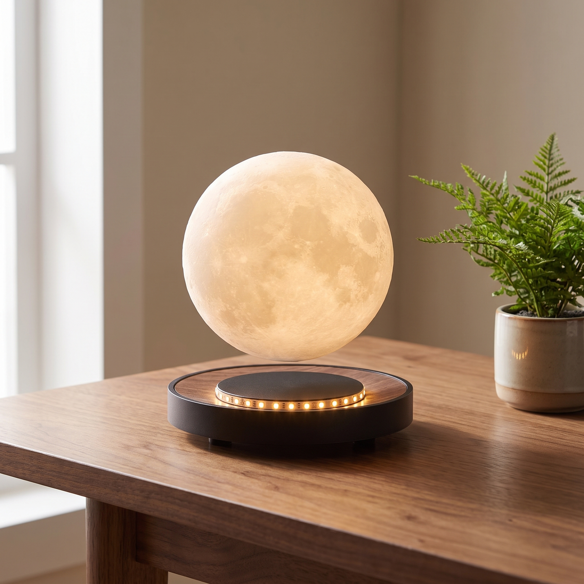 Orsa levitating lamp, moon on a glow ring base