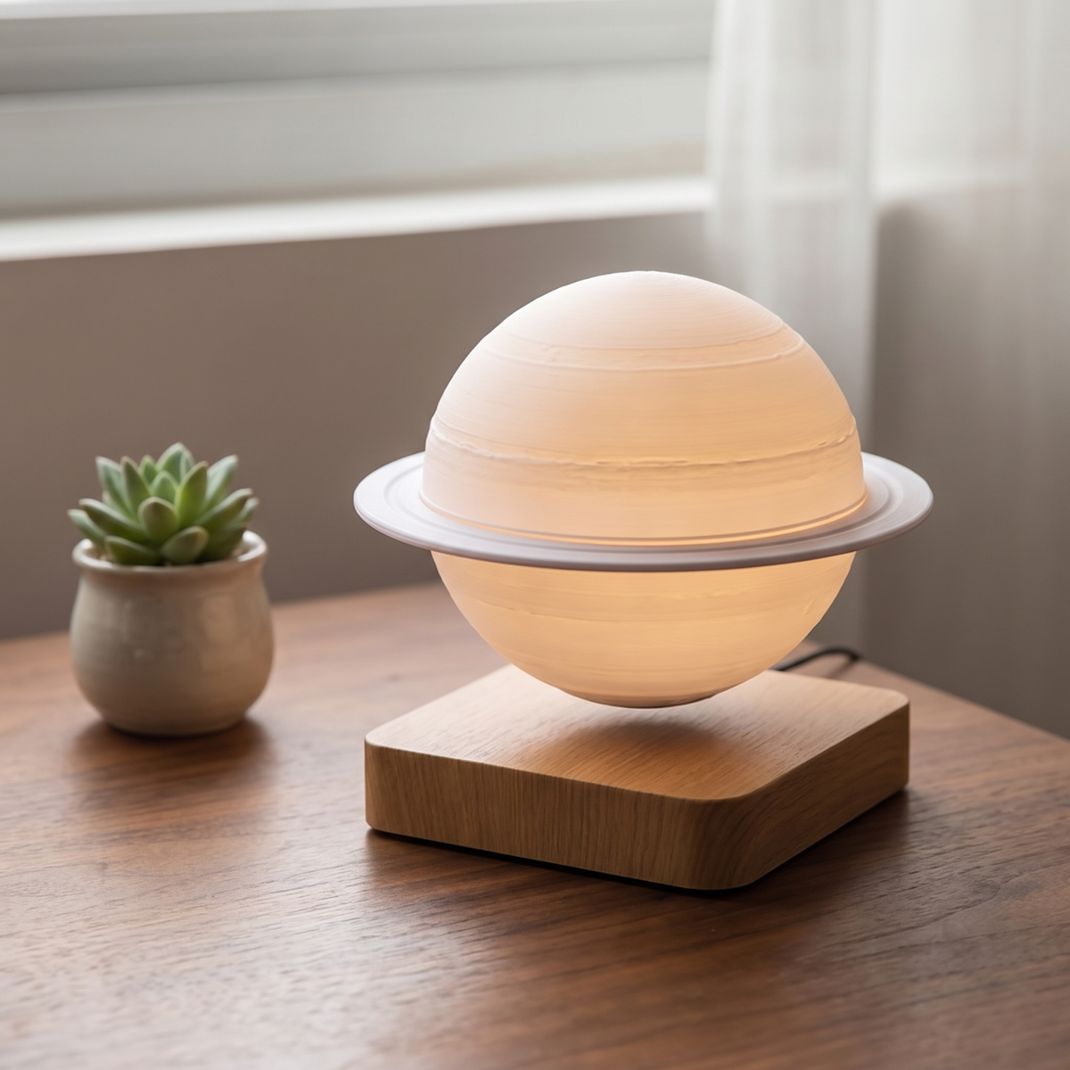 Orsa levitating lamp, Saturn on an oak base