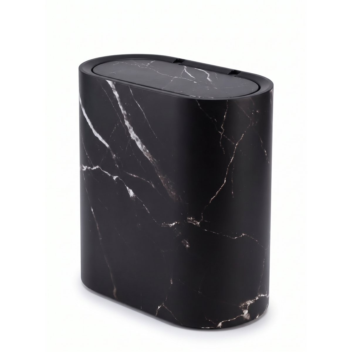 Oval waste bin in black marble on white
