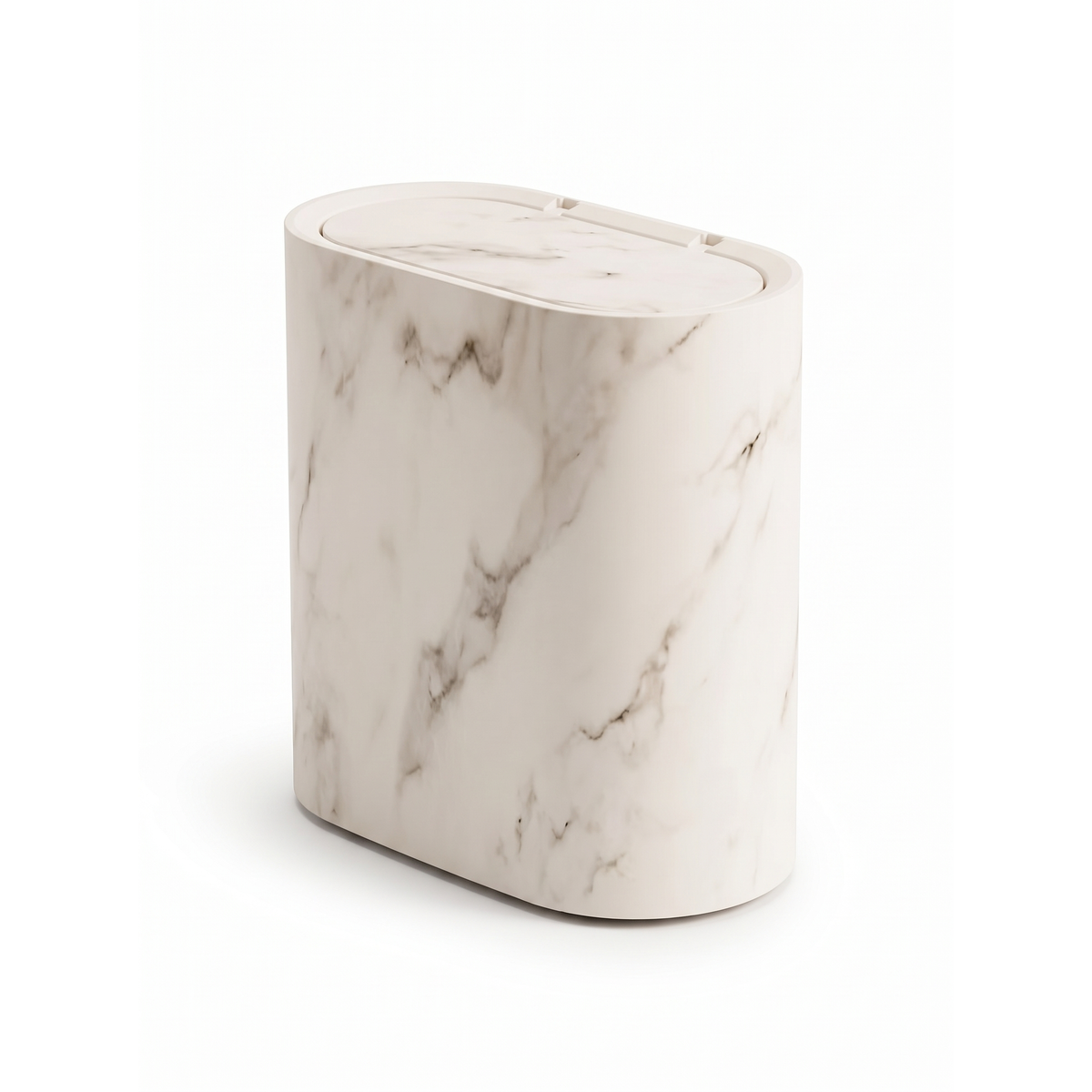 Oval waste bin with lid in cream white marble on white