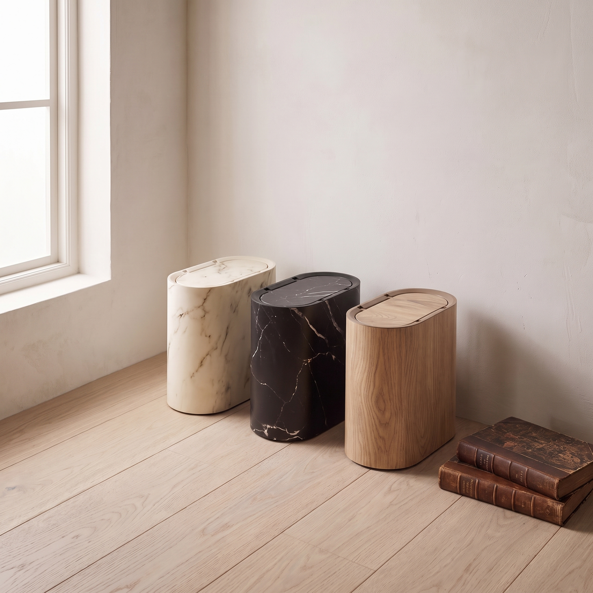 Waste bins in cream marble, black marble, and wood grain side by side