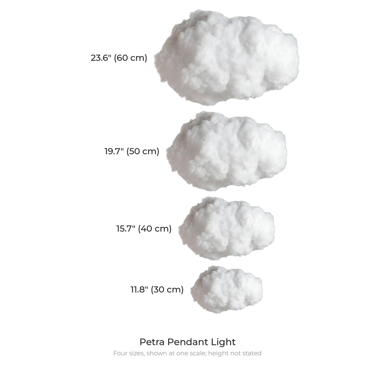 Petra cloud pendant light size chart with four widths from 11.8 to 23.6 inches