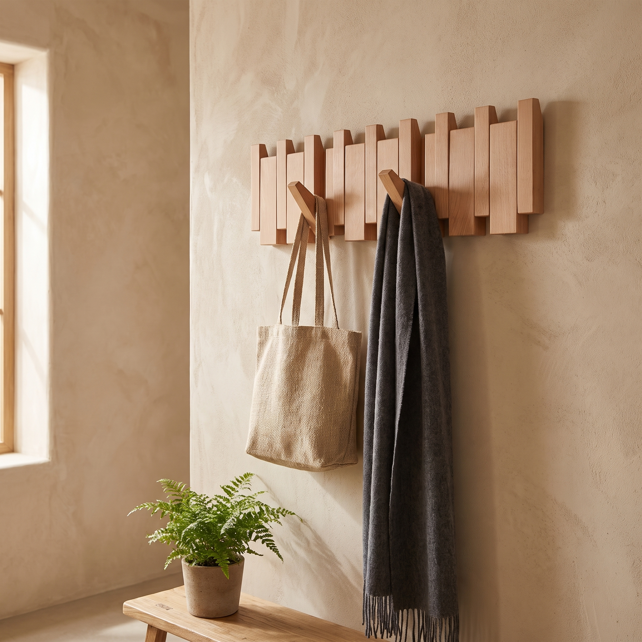 Piano Key Wall Coat Rack, Solid Oak Wood, Beech or Walnut, 4 to 12 Hooks