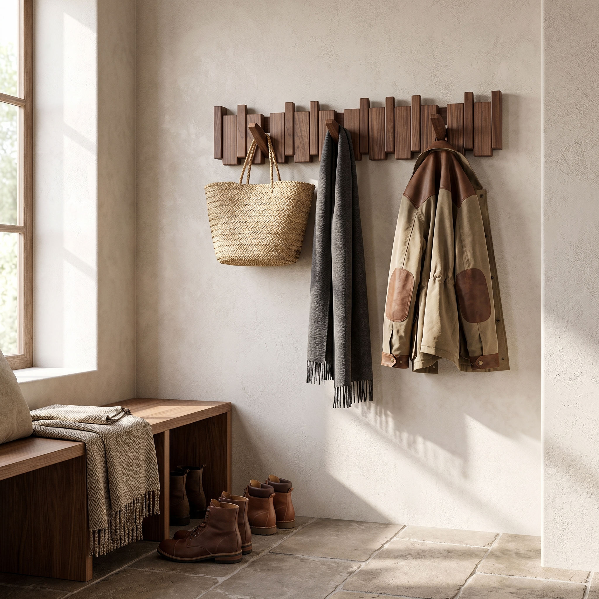 Piano Key Wall Coat Rack, Solid Oak Wood, Beech or Walnut, 4 to 12 Hooks