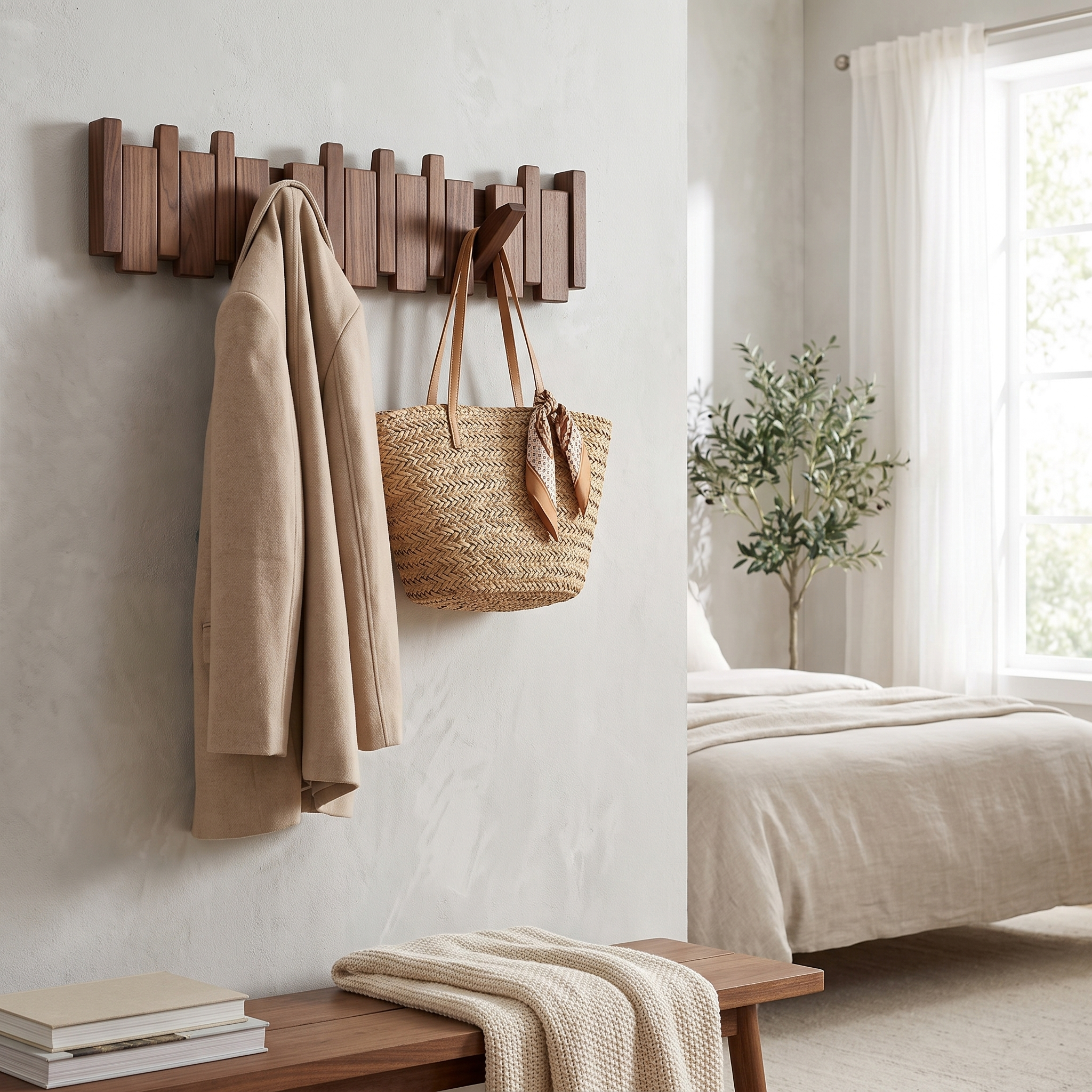 Piano Key Wall Coat Rack, Solid Oak Wood, Beech or Walnut, 4 to 12 Hooks