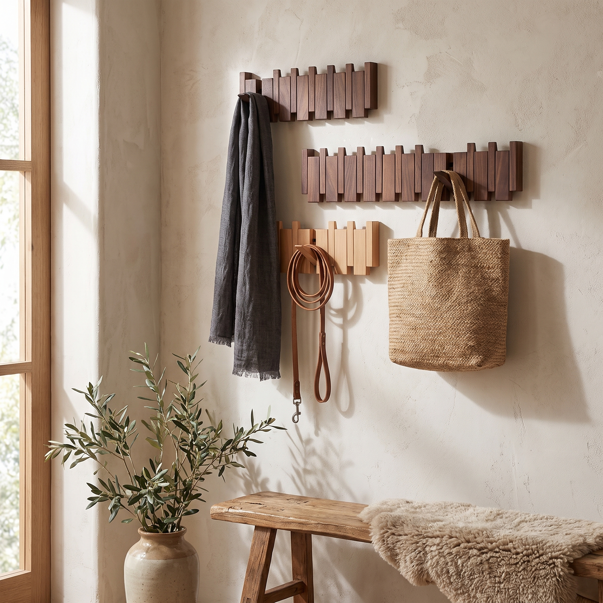 Piano Key Wall Coat Rack, Solid Oak Wood, Beech or Walnut, 4 to 12 Hooks