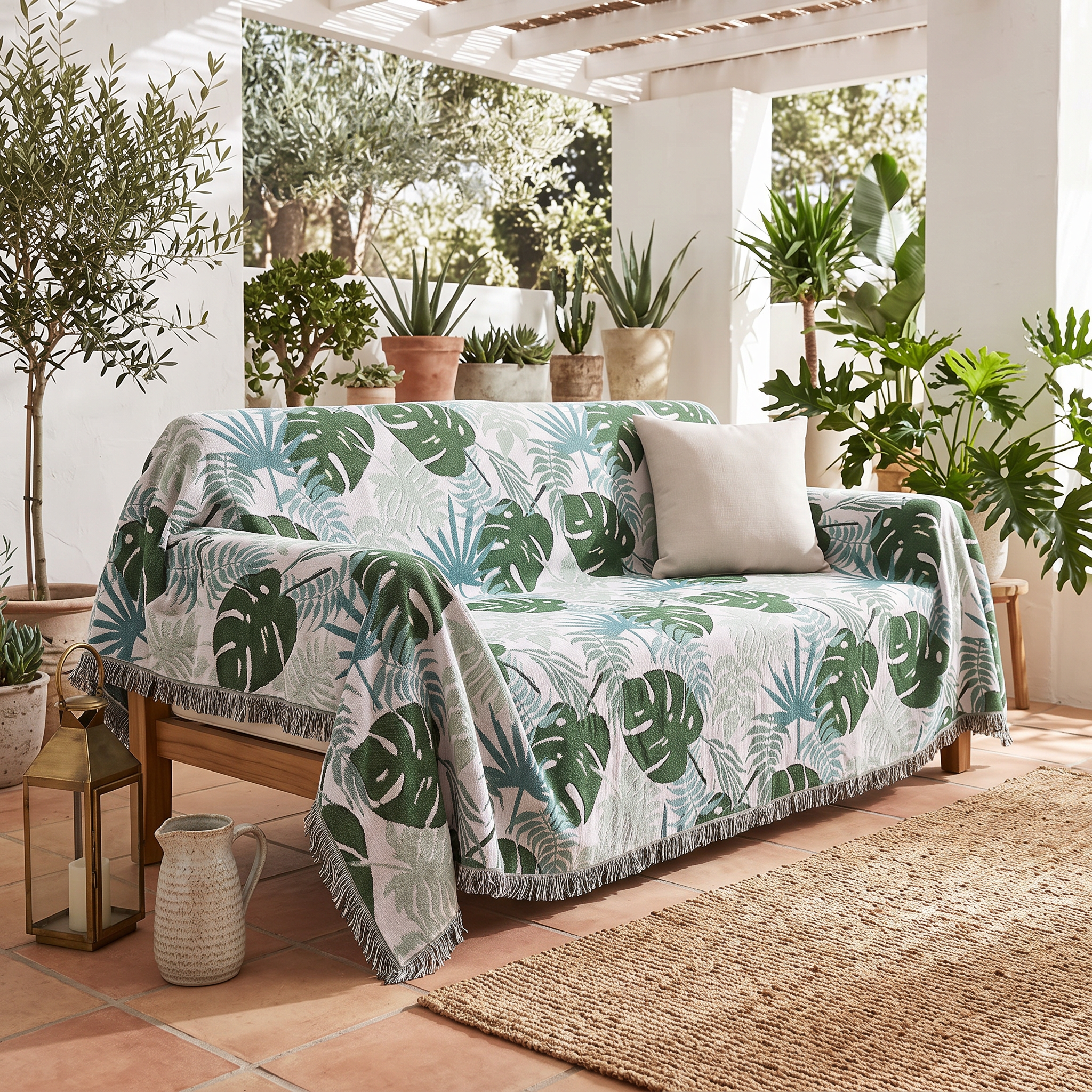 Palm Leaves Sofa Cover, Reversible Tassel Blanket