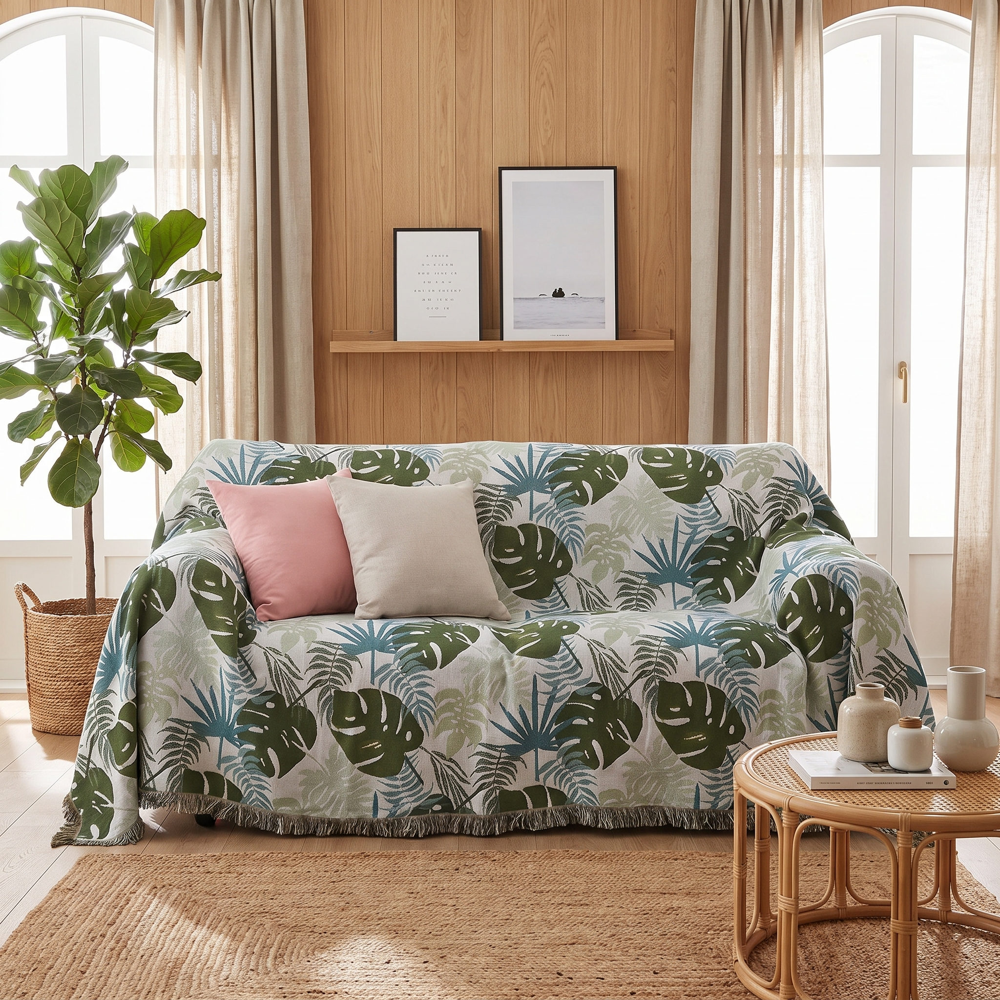 Palm Leaves Sofa Cover, Reversible Tassel Blanket