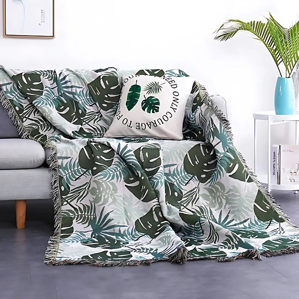 Palm Leaves Sofa Cover, Reversible Tassel Blanket