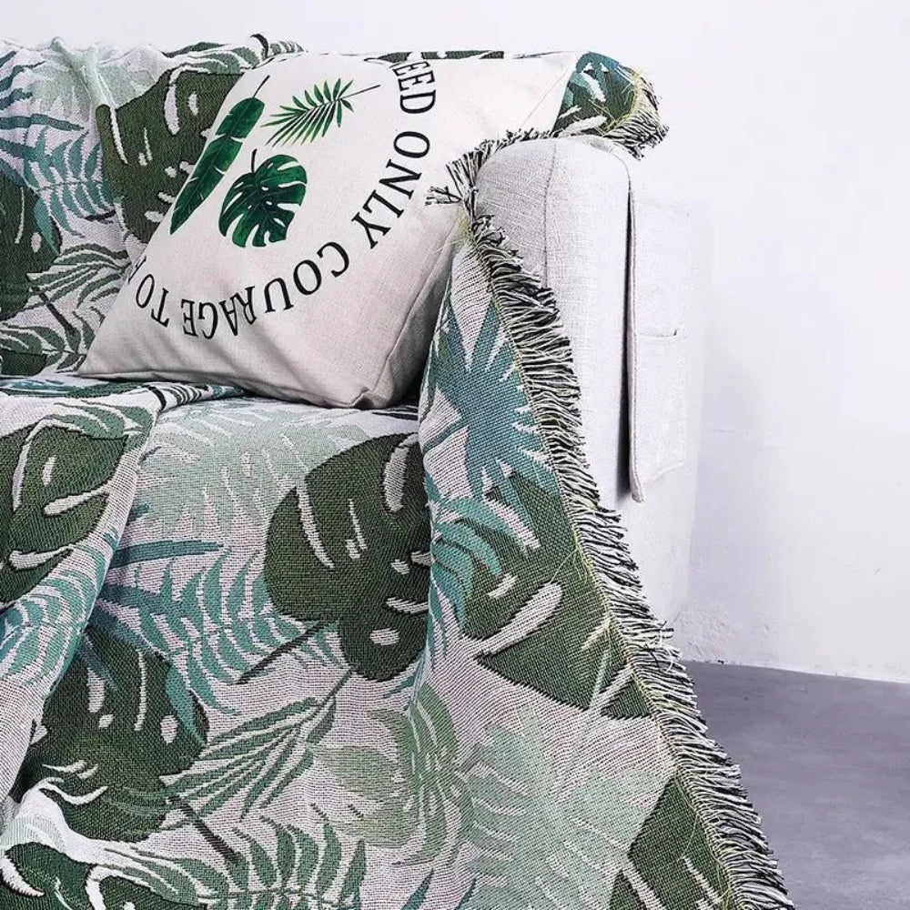 Palm Leaves Sofa Cover, Reversible Tassel Blanket