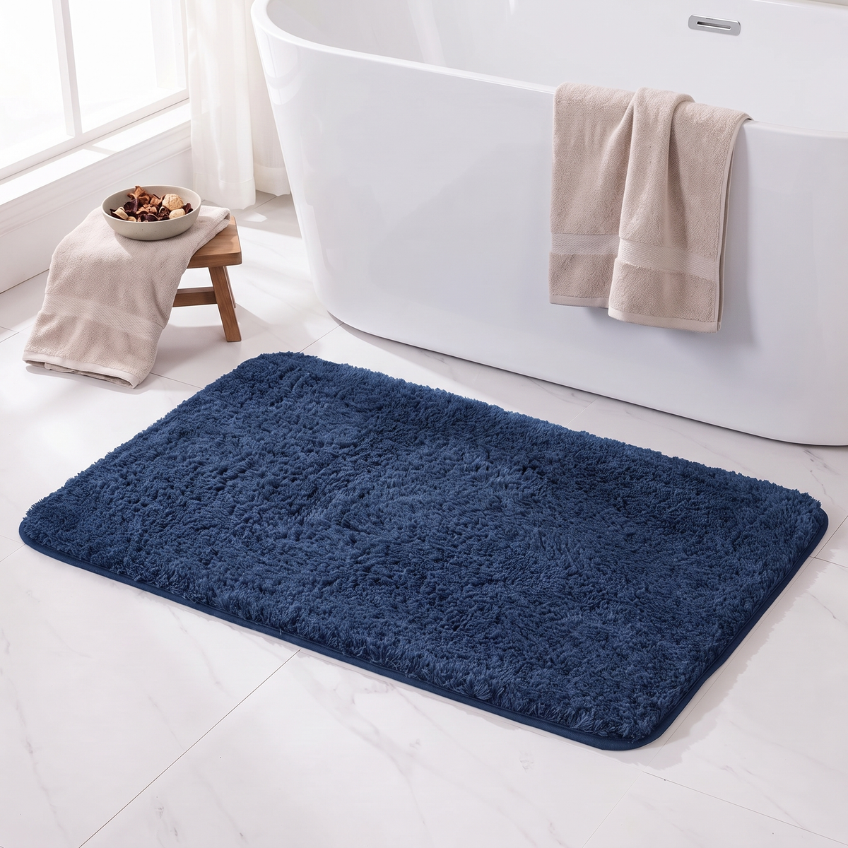 Blue shag bath rug