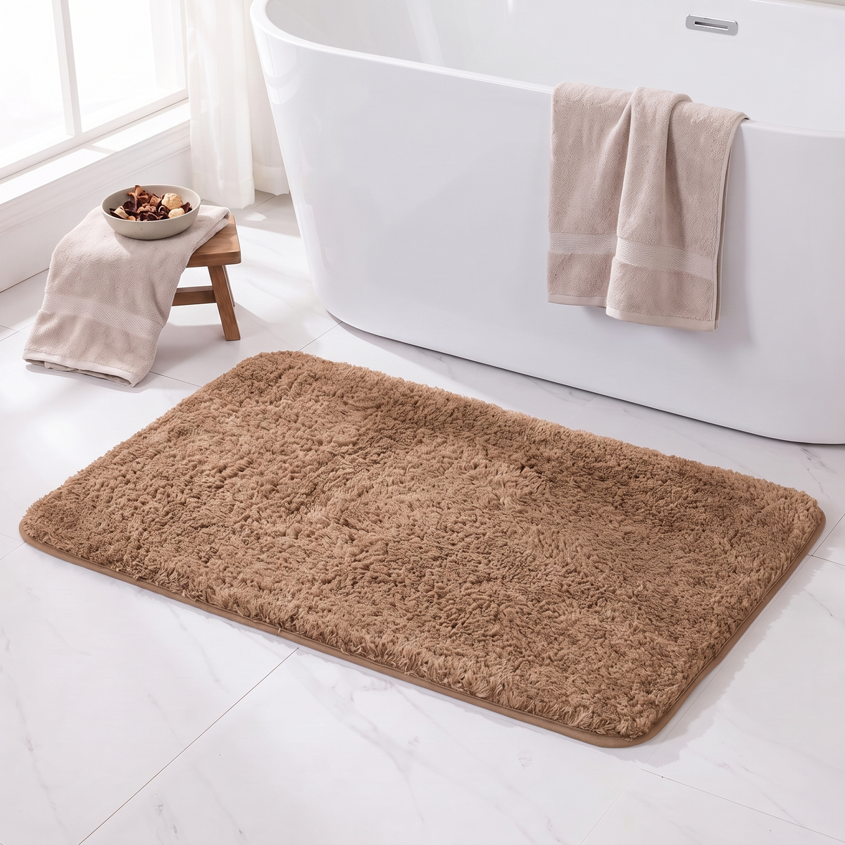 Camel shag bath rug