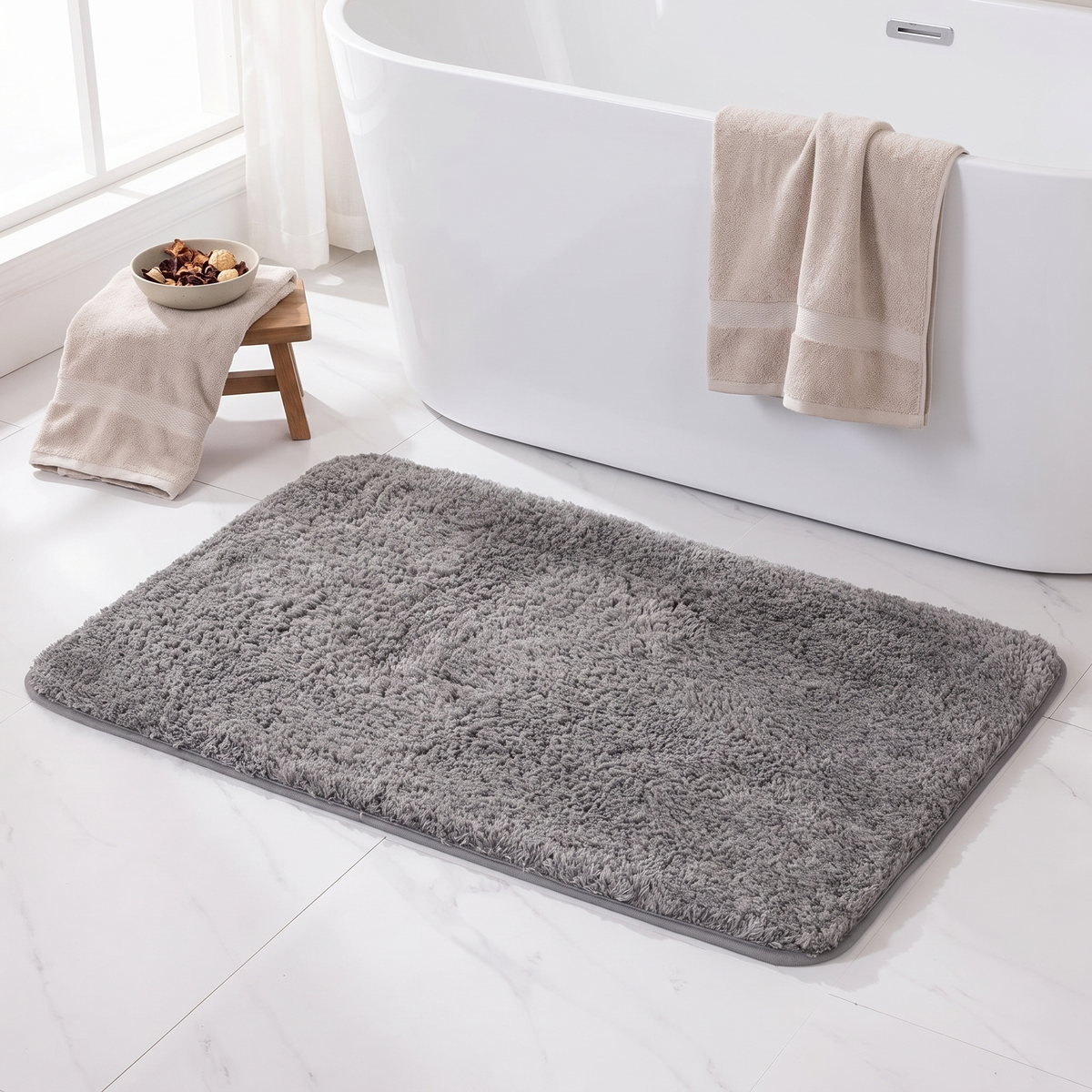 Gray shag bath rug in front of a white freestanding tub