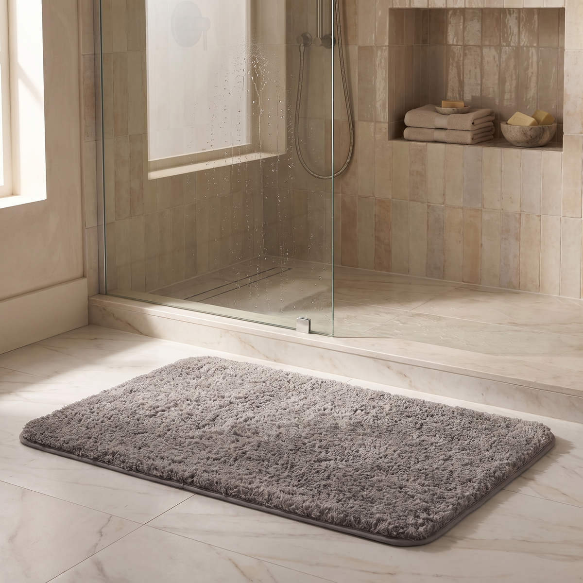 Gray shag bath rug in front of a glass shower
