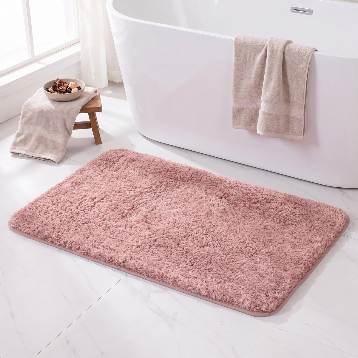 Pink shag bath rug