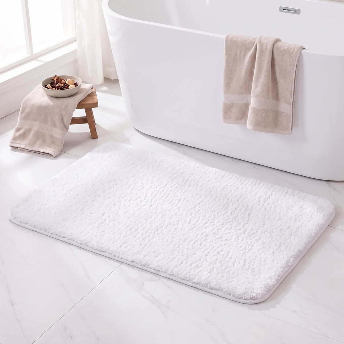 White shag bath rug