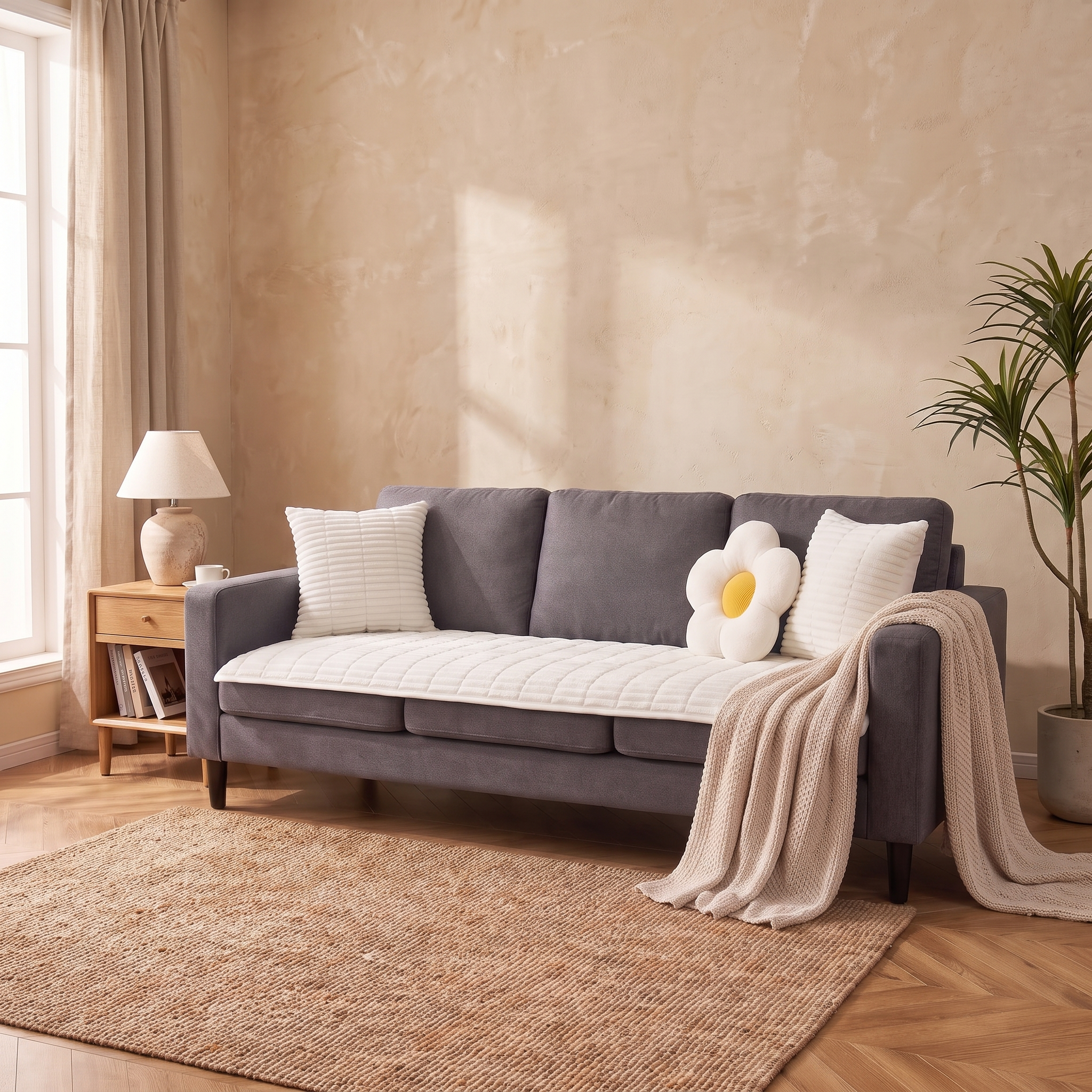 Plush Pleated Edge Sofa Cover, Thick Flannel