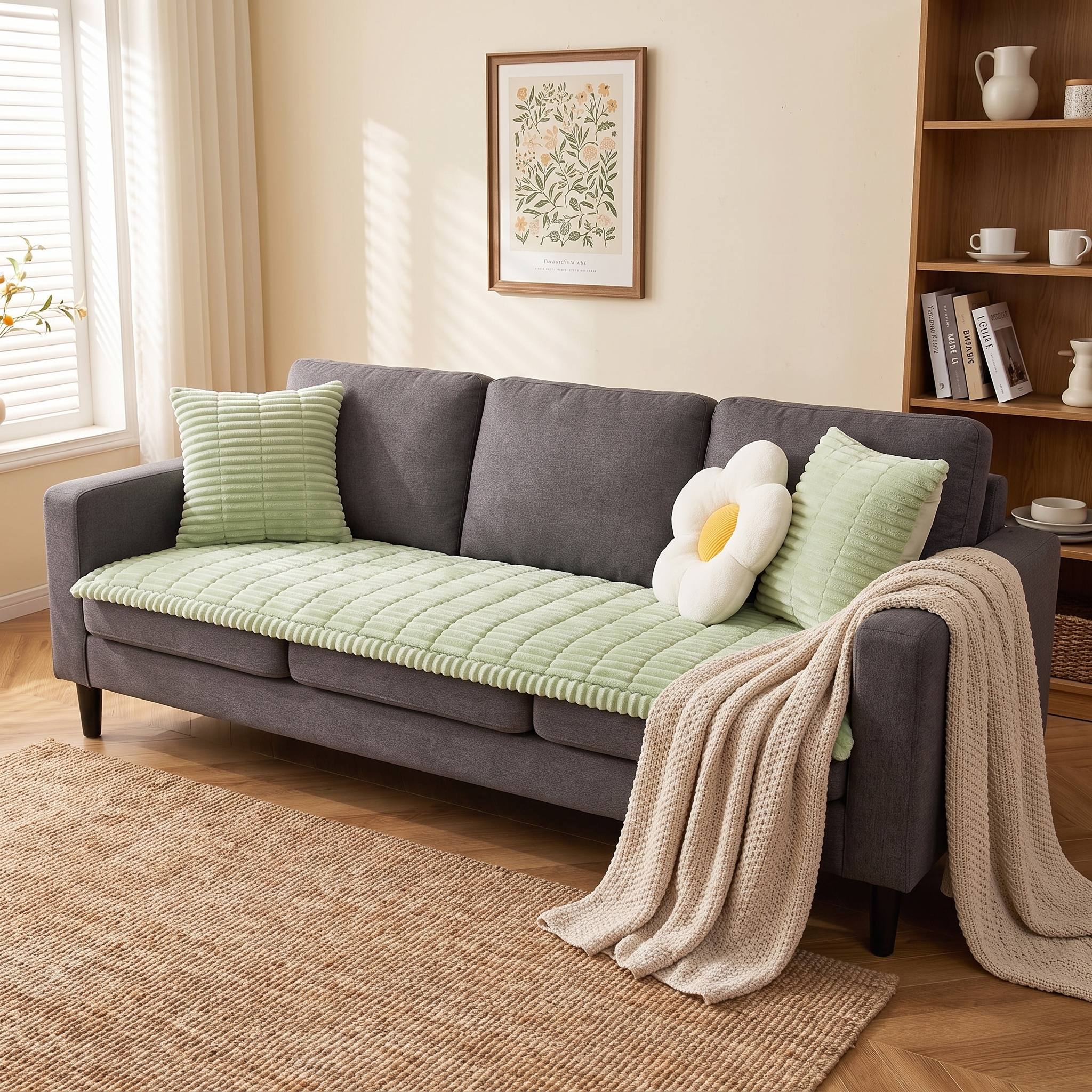 Plush Pleated Edge Sofa Cover, Thick Flannel