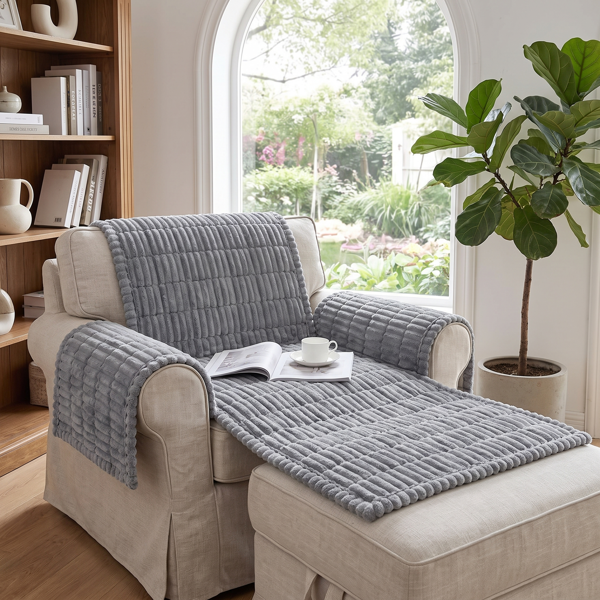 Plush Pleated Edge Sofa Cover, Thick Flannel