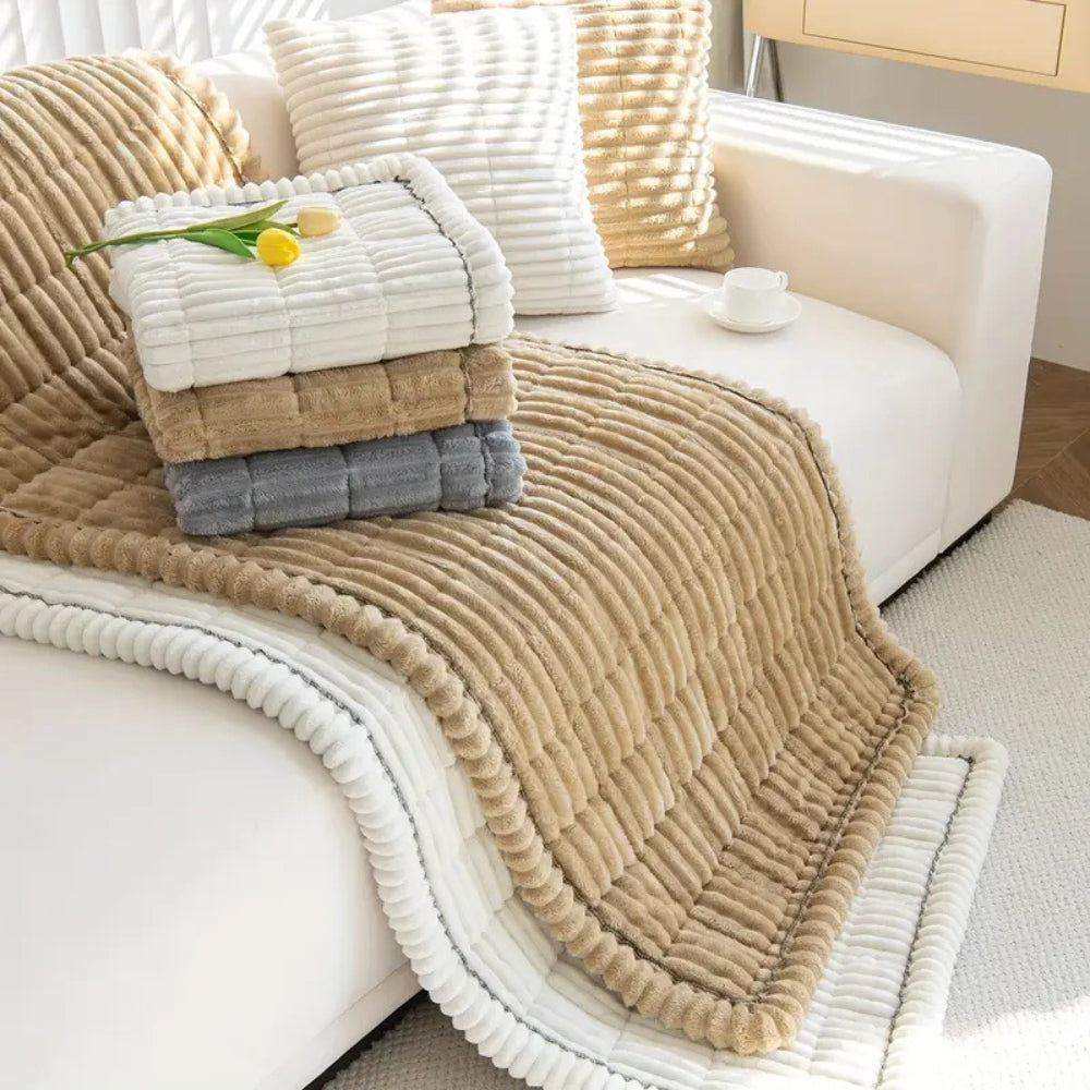 Plush Pleated Edge Sofa Cover, Thick Flannel