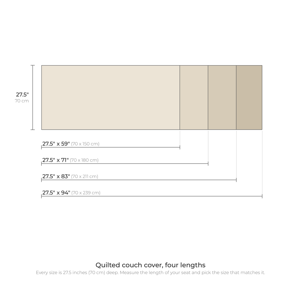 Quilted couch cover sizes: 27.5 inches deep, 59, 71, 83 or 94 inches long