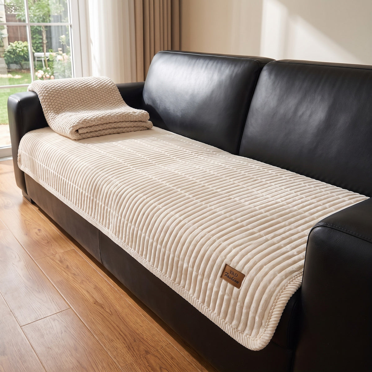 Quilted couch cover lying on the seat cushions of a sofa with the back and arms uncovered