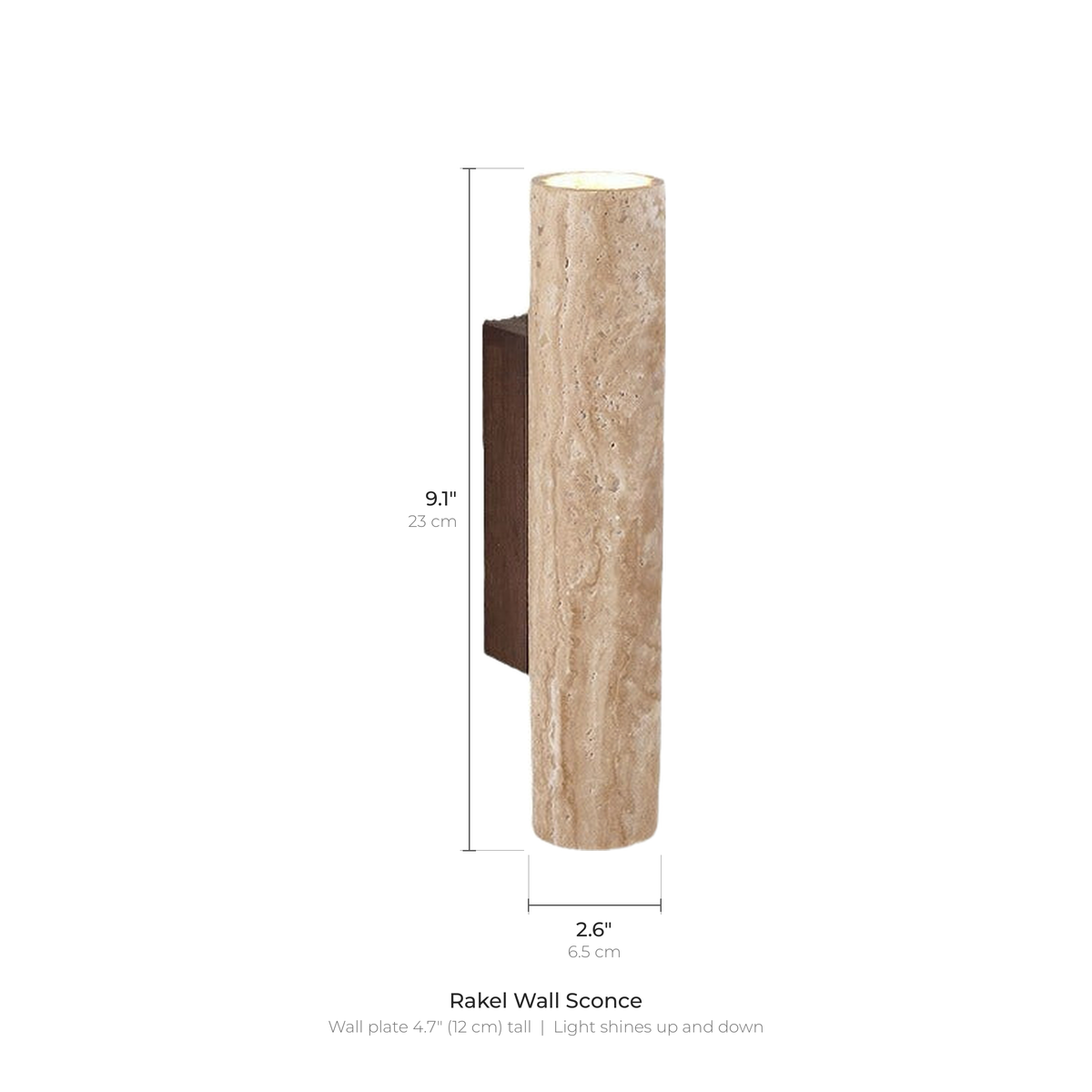 Rakel wall sconce dimensions: 9.1 inches (23 cm) tall and 2.6 inches (6.5 cm) across