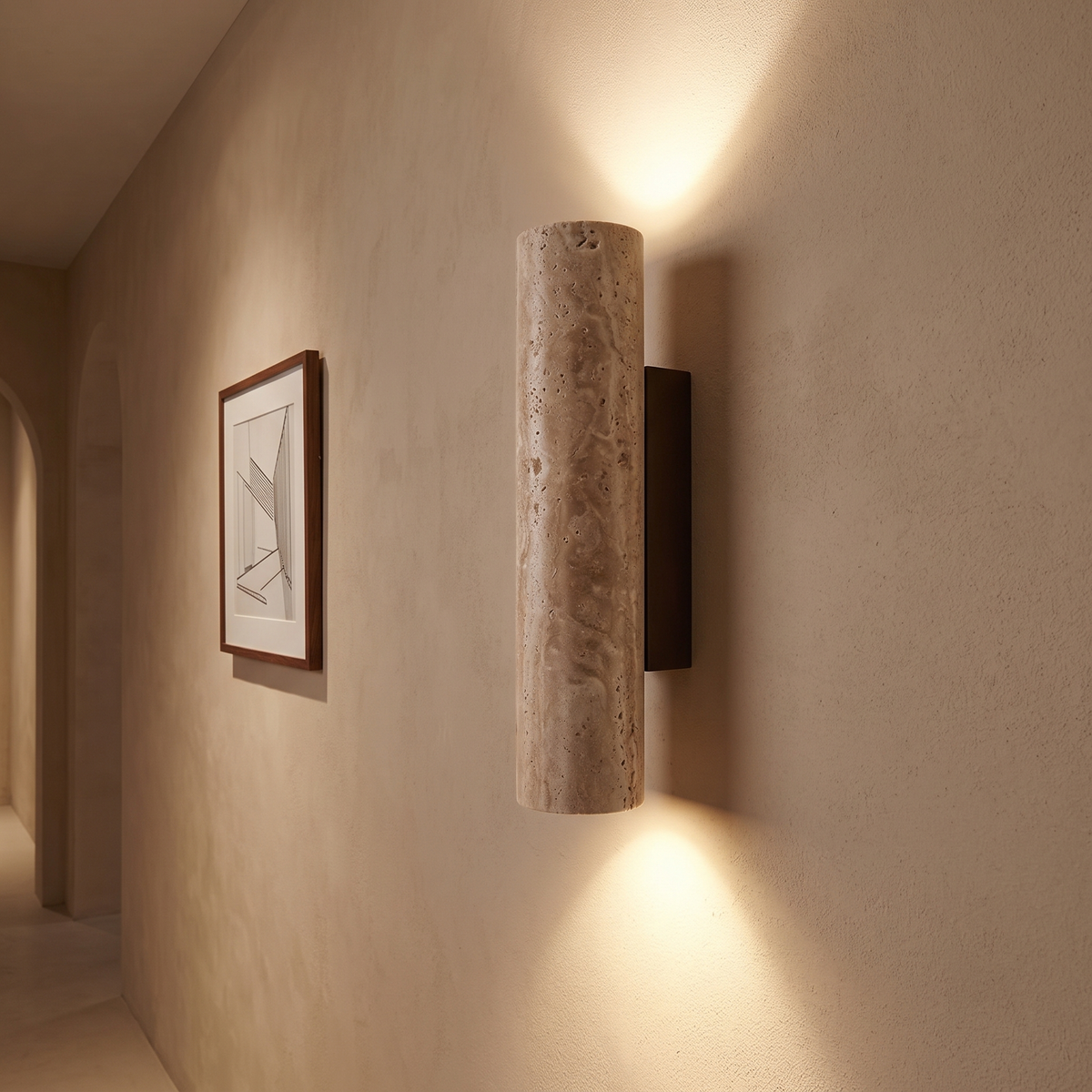 Rakel wall sconce lighting a hallway wall in the evening