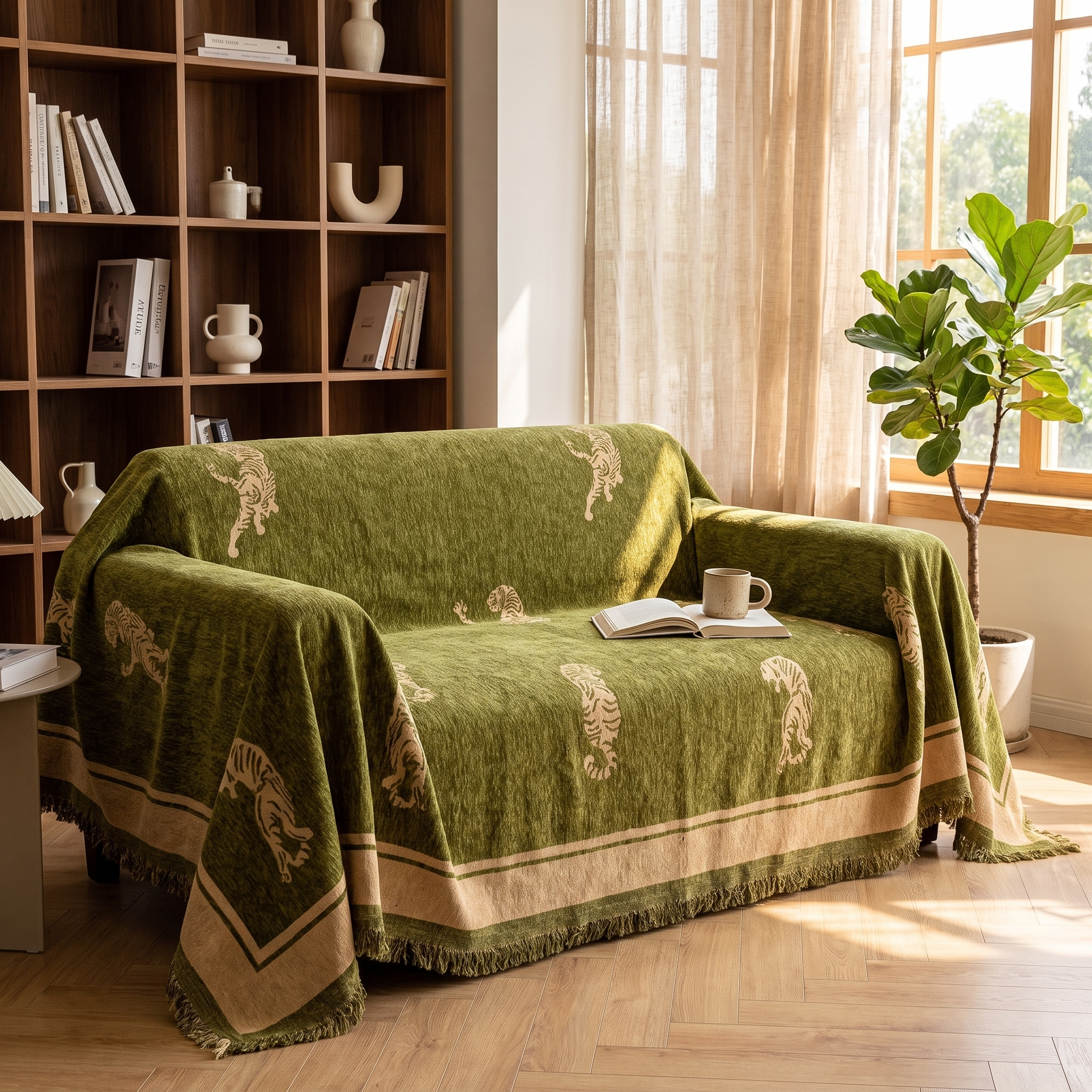 Reversible Chenille Sofa Cover, Tiger Motif, Fringed