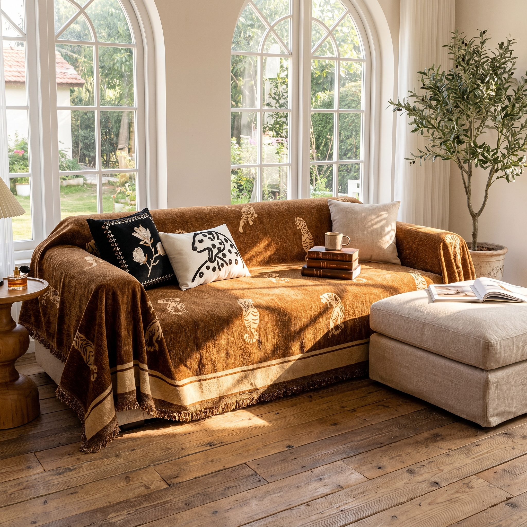 Reversible Chenille Sofa Cover, Tiger Motif, Fringed